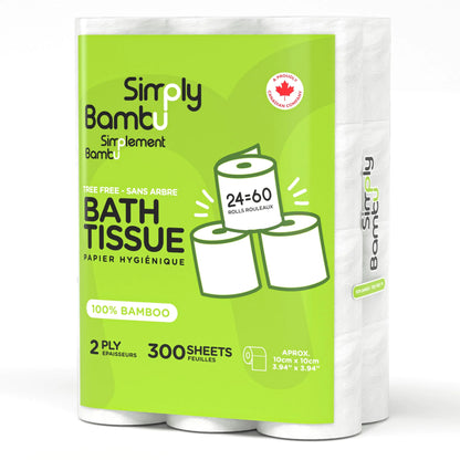 Simply Bambu - Bamboo Toilet Paper 2-Ply Septic Safe Toilet Paper for Home Camping & RV Plastic-Chlorine-Free Bamboo Tissues 24 Rolls 300 Sheets per Roll