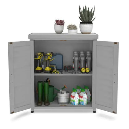 Potted Stool With Locker And Metal Tabletop For Outdoor Patio, Outdoor Workstation Table